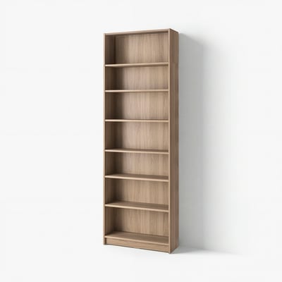 The BILLY bookcase, a tall wooden shelf with six empty shelves. Its slim, light brown, and rectangular, leaning against a white wall.