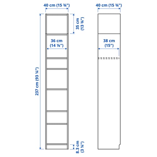 BILLY Bookcase with height extension unit, white, 40x39x237 cm