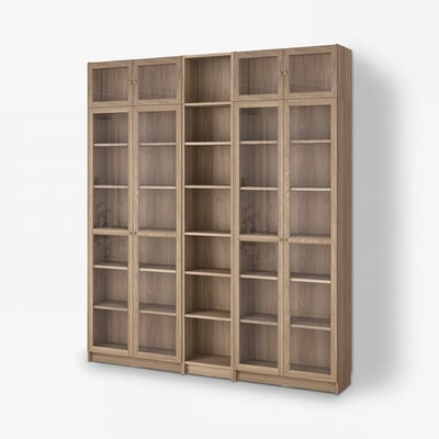 IKEA BILLY bookshelf, light brown, wood grain, rectangular, four glass doors.