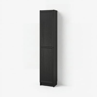 Black BILLY bookcase stands tall with two closed doors, made of particleboard and fibreboard, offering storage with a sleek design.