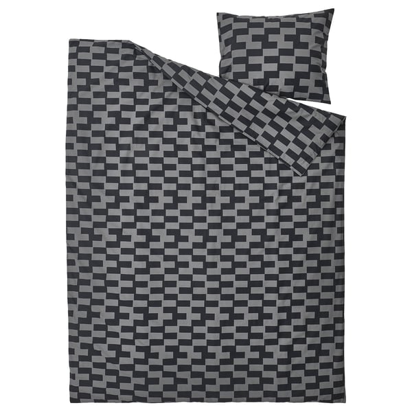 BLÅSKATA grey pixel duvet set with pillow, cotton-blend, chequered.