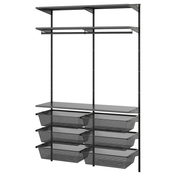 BOAXEL black metal storage unit with mesh baskets and shelves.