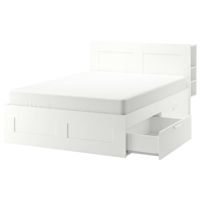 White BRIMNES bedframe with storage drawers and headboard.