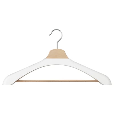 A white shoulder shaper for a hanger, designed to preserve sweater and blouse shapes.