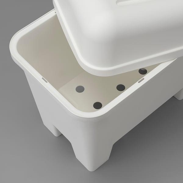 White plastic stool with large storage, four stable legs, curved seat.