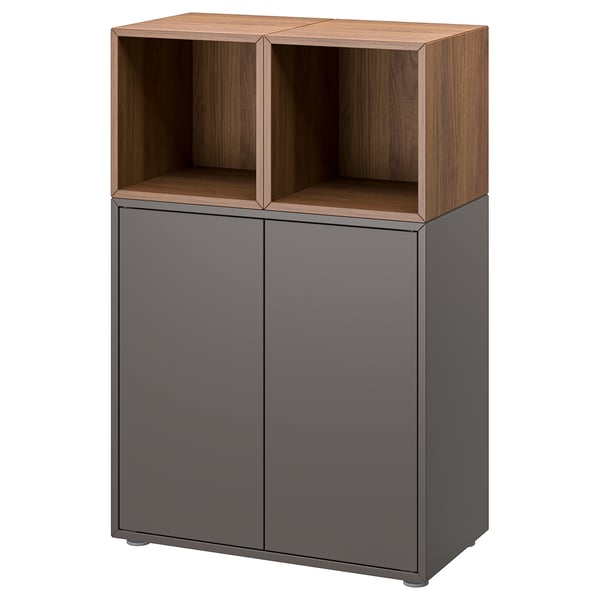 EKET storage unit: sleek grey with wood top, rectangular, two drawers, two open shelves.
