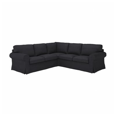 Dark grey EKTORP corner sofa, plush design, modern & comfortable, l-shaped seating.