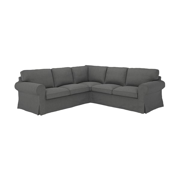 EKTORP grey sectional sofa, l-shaped, plush cushions, modern classic design.
