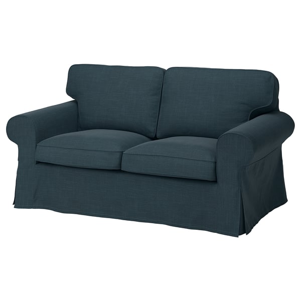 EKTORP loveseat: blue, plush, rounded arms, two cushions.
