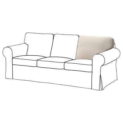 EKTORP beige sofa, three seats, rolled arms, lined back, white legs, polyester cushions.