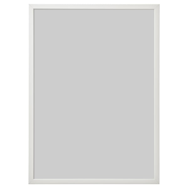FISKBO white picture frame with soft lines, ideal for kids rooms, plastic front for safety, versatile hanging options.