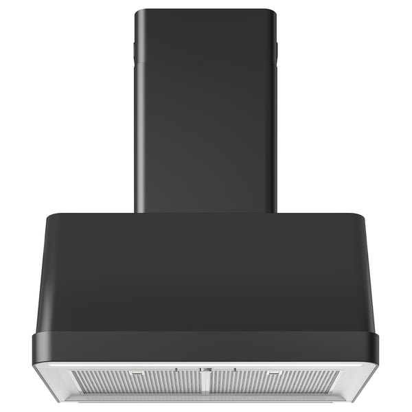 Modern black kitchen hood with sleek design and led lighting.