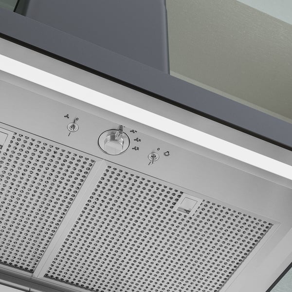 Stainless steel range hood with circular controls and led light, modern design.