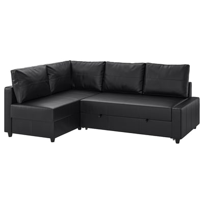 FRIHETEN: black corner sofa-bed with storage, convertible to double bed, plush cushions, modern design.