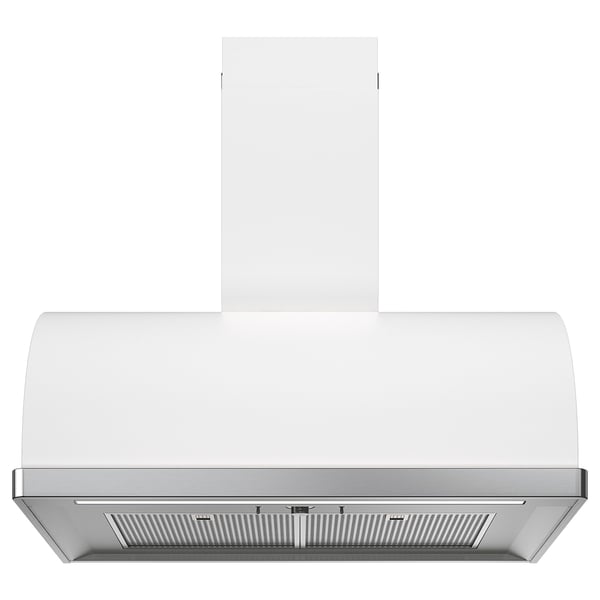 White kitchen hood, rounded modern design, led lights.