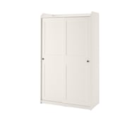 A white HAUGA wardrobe with sliding doors, made of particleboard, fiberboard, and acrylic paint. It has a rectangular shape with a traditional design.