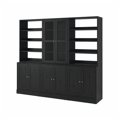 Black HAVSTA storage unit with glass doors, pine wood, rectangular shape, classic design.
