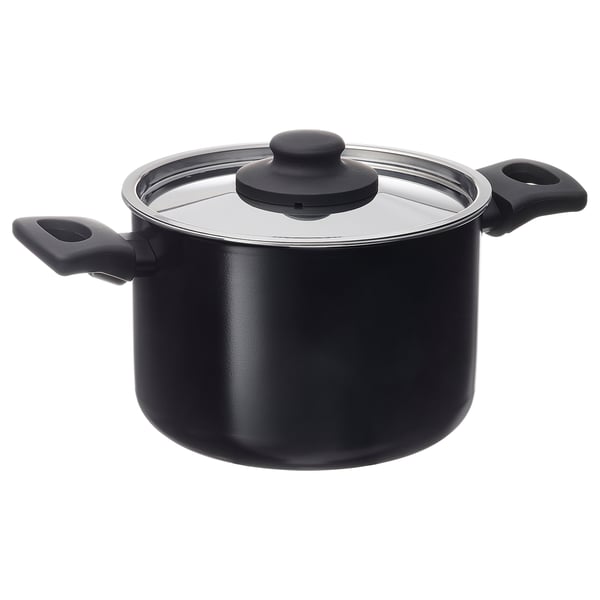 Black saucepan with glass lid and handles. Non-stick, even heat.