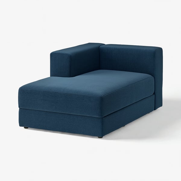 A blue JÄTTEBO chaise with angular design, deep seating, and textured corduroy fabric.