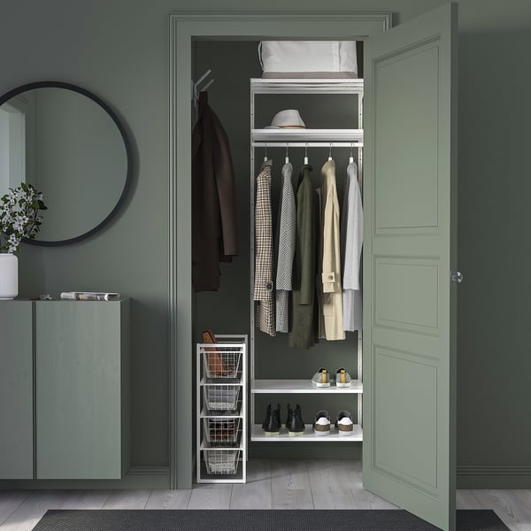 JONAXEL: compact closet organiser, sleek design in metal white, holding clothes neatly in a small space, ideal for tidy storage.