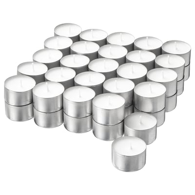 Collection of white JUBLA candles in silver aluminium holders, arranged neatly in rows, cylindrical shape.