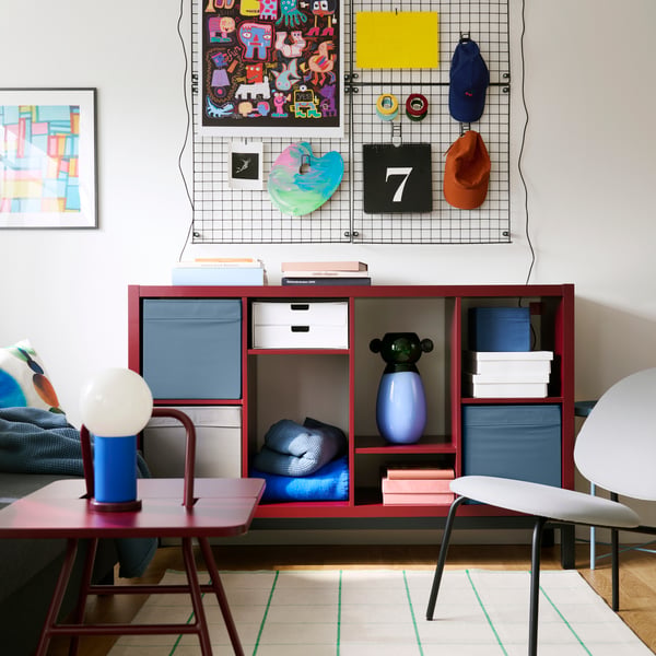 KALLAX Shelving unit with underframe, brown-red/black, 147x39x94 cm