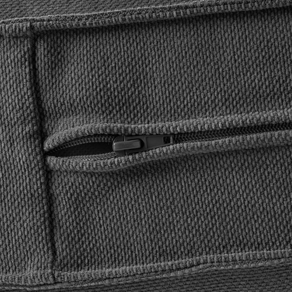 Close-up of grey knit sofa pocket with zip, showcasing quality stitching and materials.