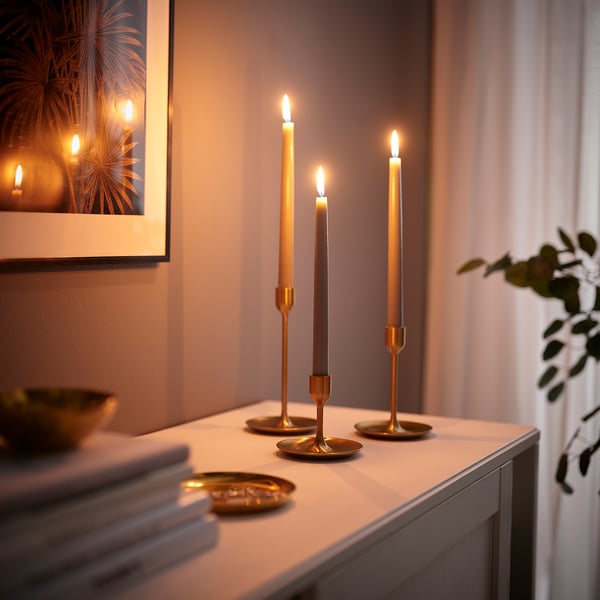 KLOKHET Unscented taper candle, grey-beige, 25 cm 6 hr