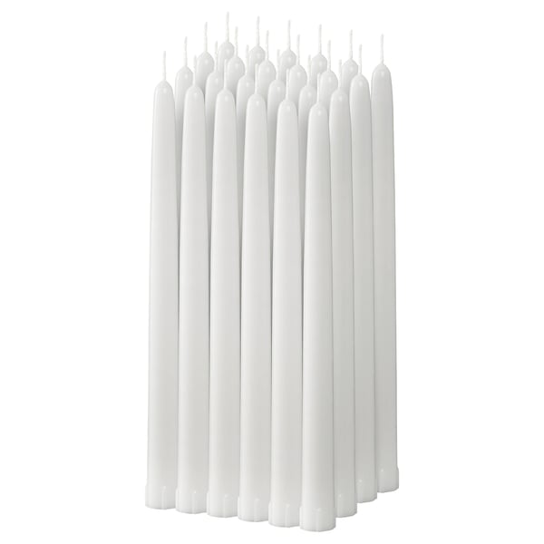 Set of 10 white, cylindrical KLOKHET candles, stearin material.
