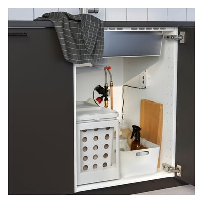Under-sink dishwasher unit with remote control, alarm sensor, and storage basket.