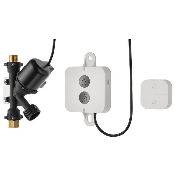 KNYCKLAN electric dishwasher shut-off kit: black valve, white control box, remote.