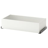 A white KOMPLEMENT drawer for a wardrobe. Its rectangular with metal handles on the sides, designed to organise clothes and accessories neatly.