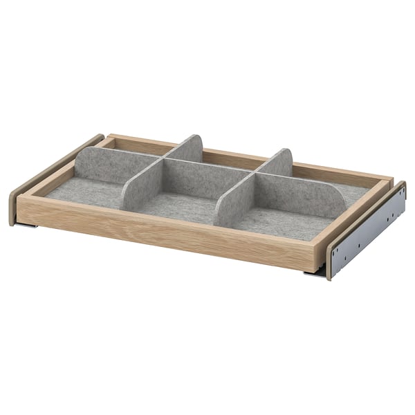 KOMPLEMENT pull-out tray organiser, light wood, grey felt, 3 compartments, assists drawer storage, decent design.