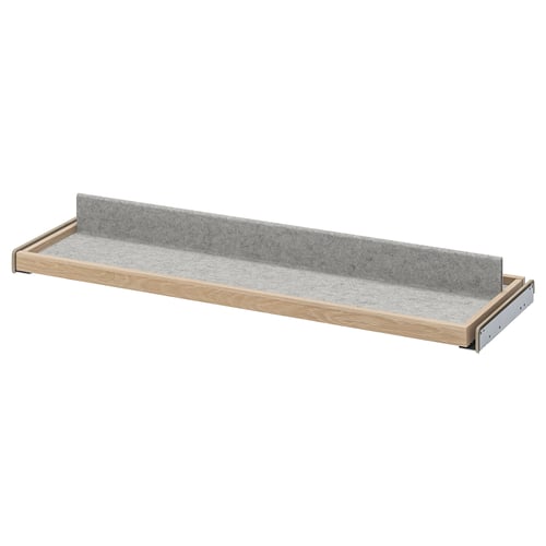 KOMPLEMENT grey felt shelf, light wood frame, single row, wall-mounted storage tray with metal brackets.