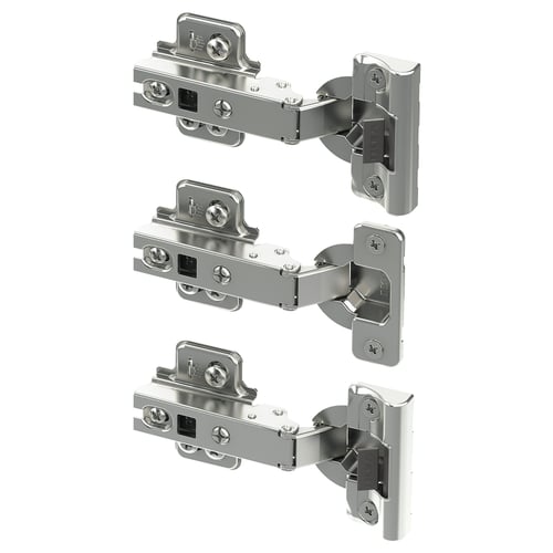 Three silver metal hinges with screws, designed for cabinet doors, shown in an organised manner.