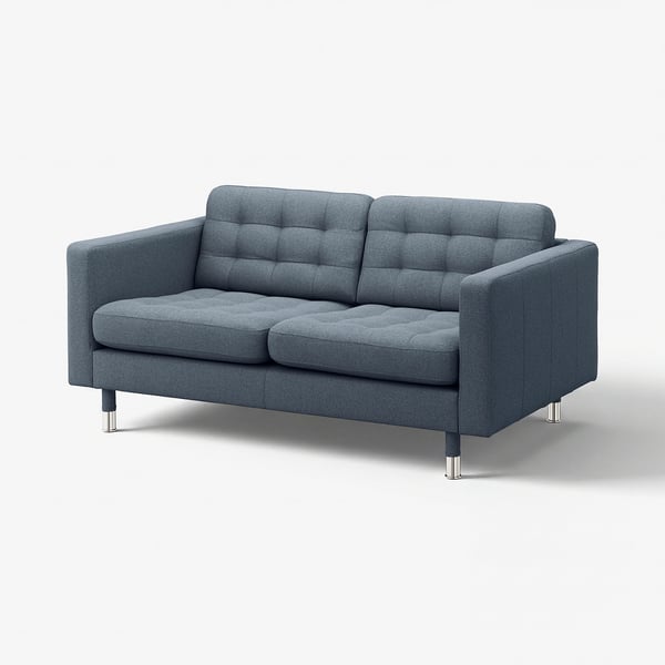 A grey LANDSKRONA 2-seater sofa. It has a modern design with tufted back and seat cushions, and stainless steel legs.