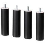 Four black cylindrical wooden legs with metal bolts on top, designed for furniture.