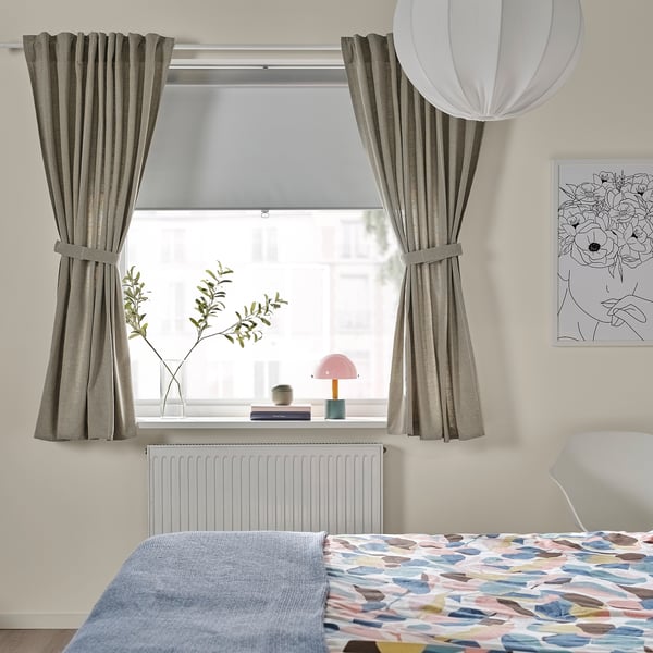 LENDA Curtains with tie-backs, 1 pair, light grey-green/with heading tape, 140x165 cm