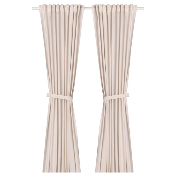 Light pink LENDA cotton curtains with ribbed texture and tie-backs, hung side by side.