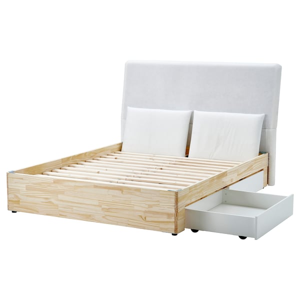LILLFJÄLLET bed: light wood, white headboard, drawer, rectangular, minimalist design.