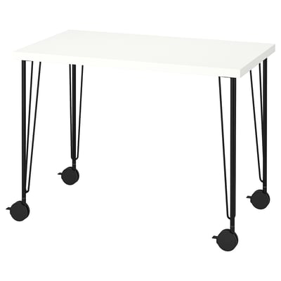 LINNMON white desk, modern, four black caster legs, adjustable, minimalist design.