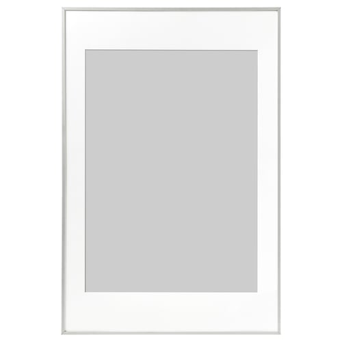 LOMVIKEN picture frame, silver. Slim metal edge, protective plastic front, vertical or horizontal use.