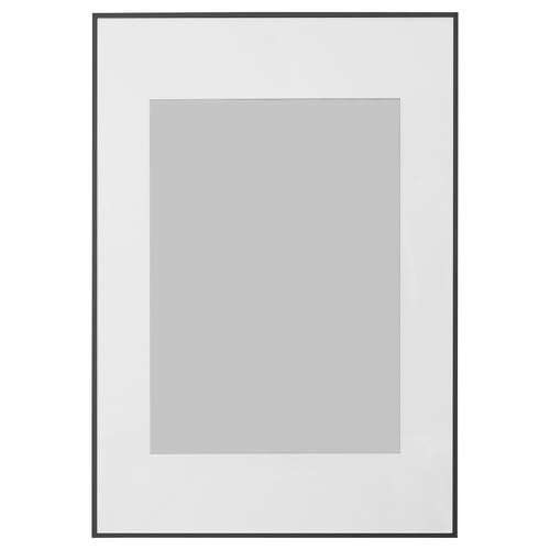 LOMVIKEN picture frame, black, rectangular, with grey mat, thin metal edge.