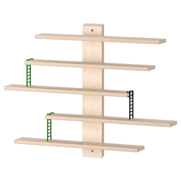 Wooden LUSTIGT shelf with adjustable sections and ladders, birch plywood, playful design.