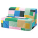 A colourful, geometric-patterned, two-seat sofa-bed with a steel frame and polyester foam mattress.