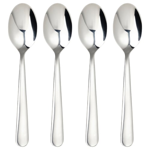 Four polished, stainless steel MARTORP tea spoons, laid in a row.