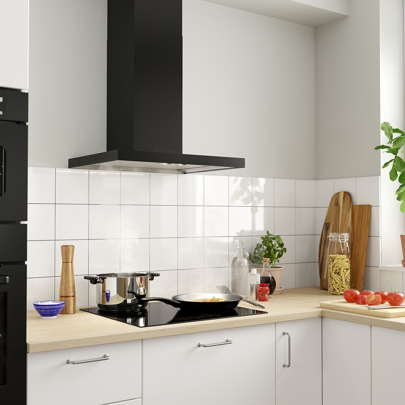 Modern kitchen with black range hood, led lights, white tiles, wooden countertop, utensils, and plants.