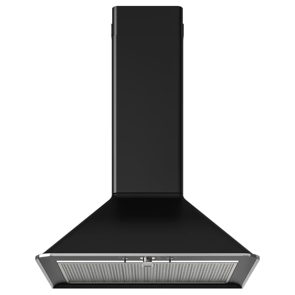 Black kitchen hood, modern design with curved edges.