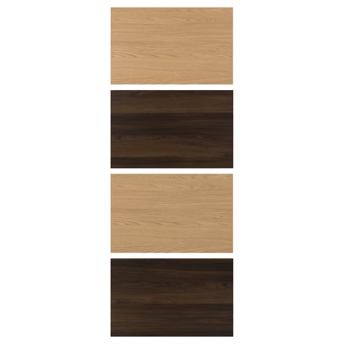 Four wooden panels in two shades, light brown and dark brown, displayed vertically. Light-colored panels top and bottom, darker in middle.