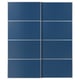 Blue sliding closet doors with aluminium & fiberboard, sleek design, soft-close.
